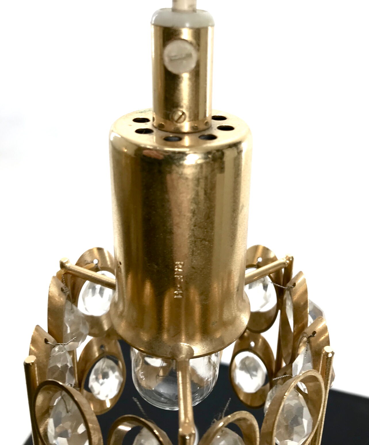 Two pendant lights in gilded brass and crystal, by Palwa, design 1960