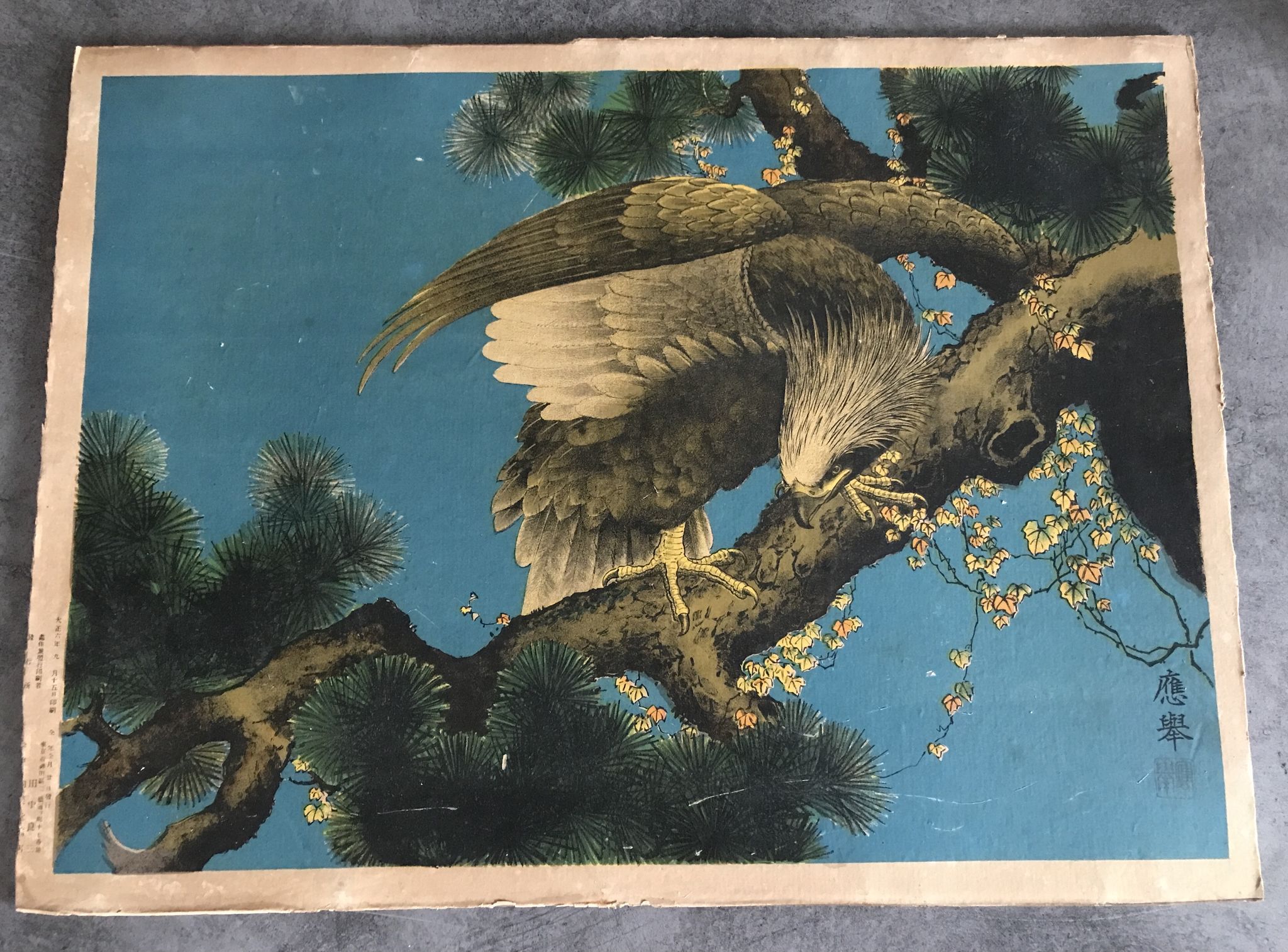 Ancienne estampe d’asie à décor polychrome d’aigle sur une branche xixème