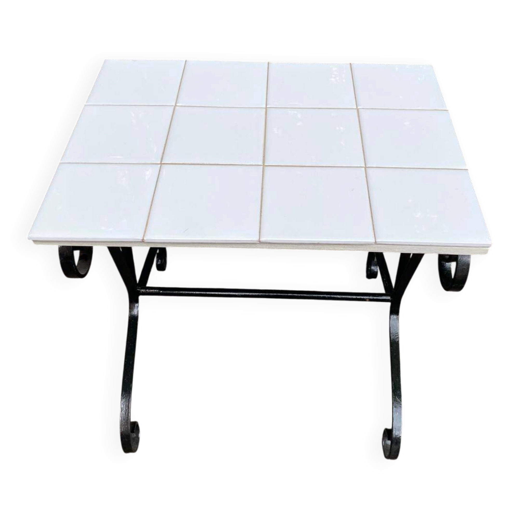 Table basse table d'appoint vintage en fer forgé noir et céramique blanche