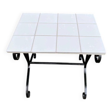 Table basse table d'appoint vintage en fer forgé noir et céramique blanche