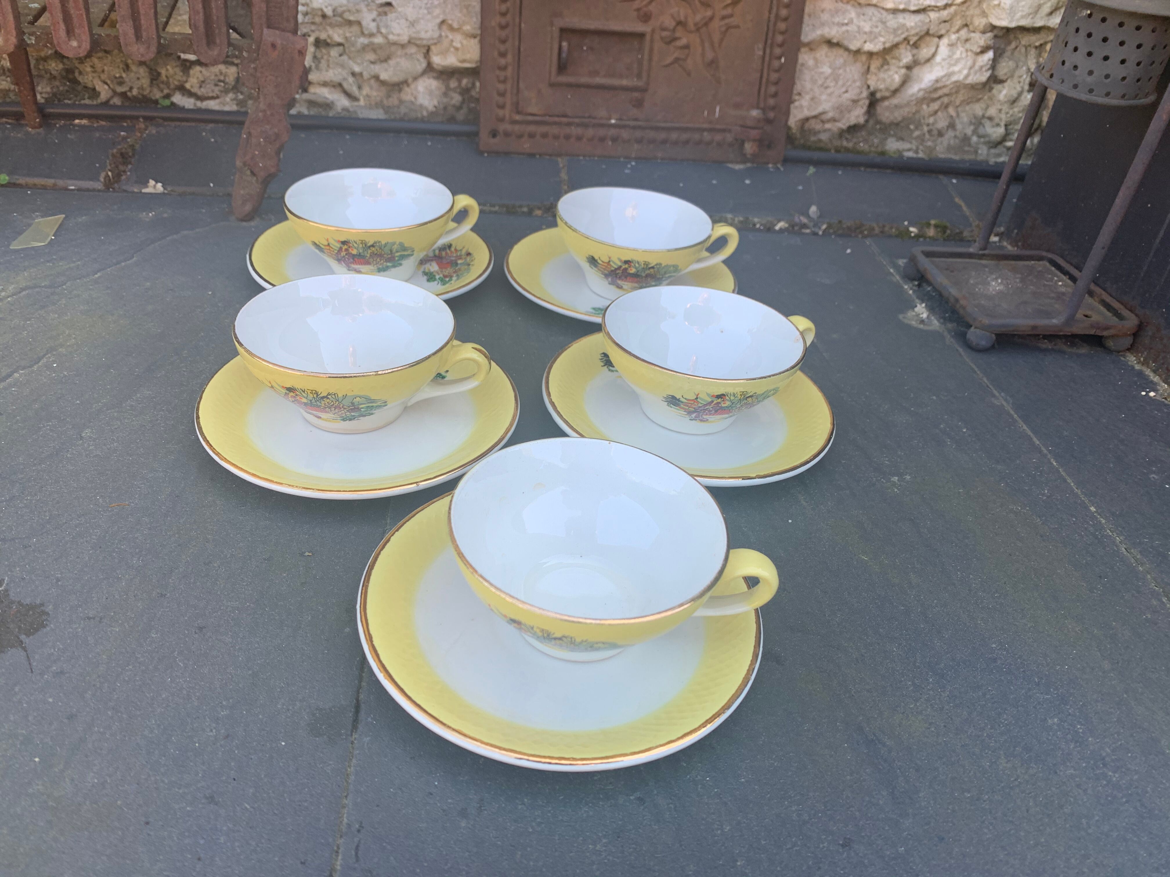 Coffee service or tea in vintage yellow and white porcelain