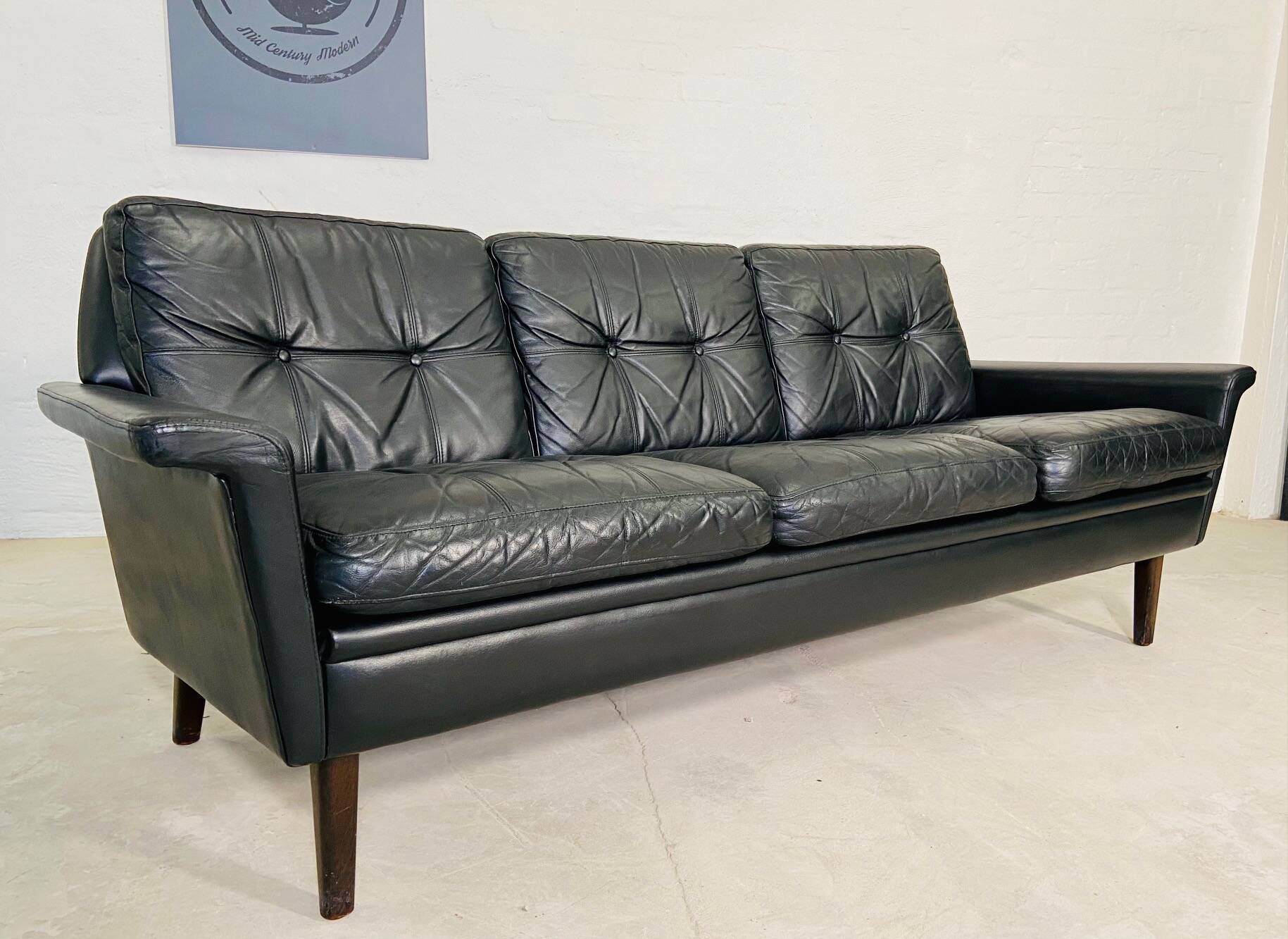 Vintage danish retro nili stoppmøbler 3 person sofa in black leather 1960s