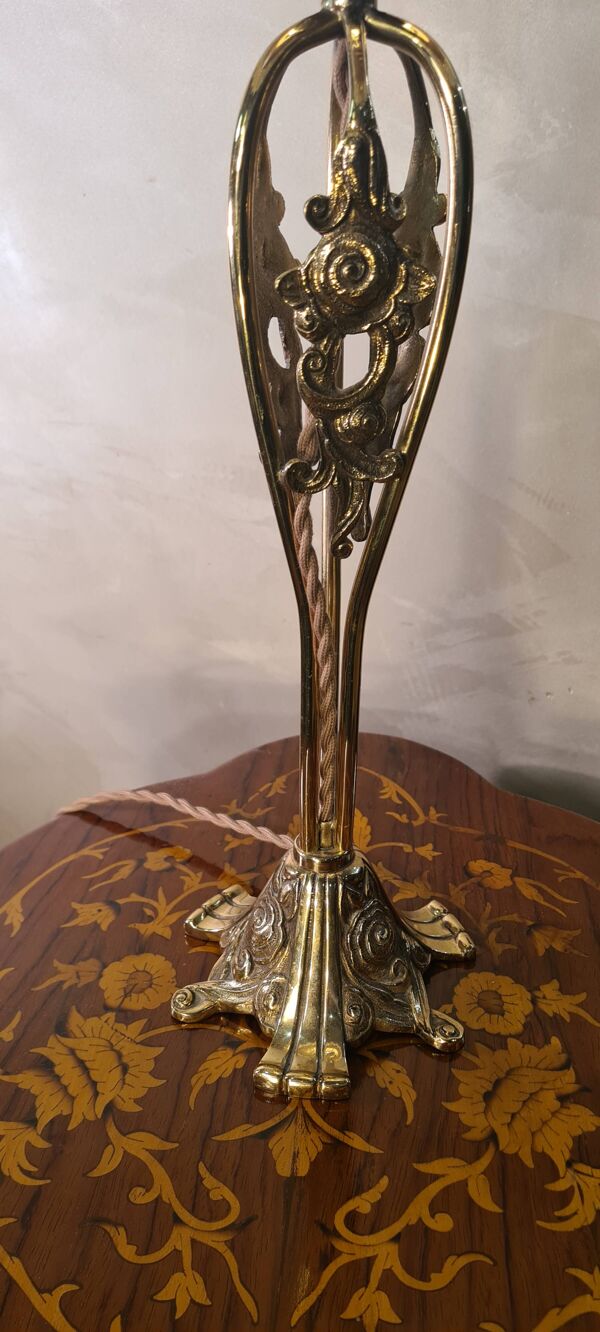 Lampe 1920 bronze abat-jour en verre teinté rose & gravé à l'acide art nouveau 63x30