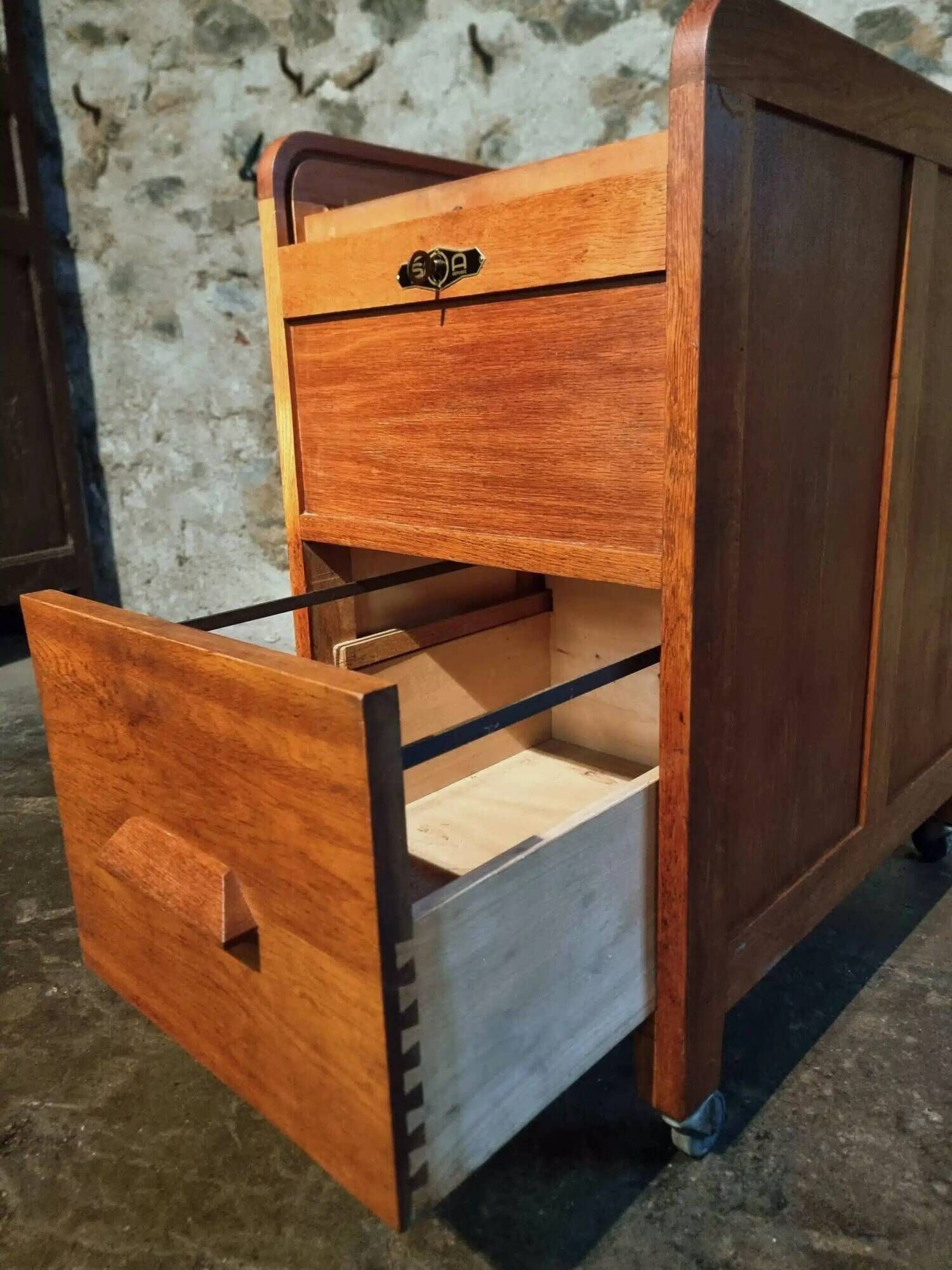 Vintage French oak office rolling cabinet with tambour door, 1950s.