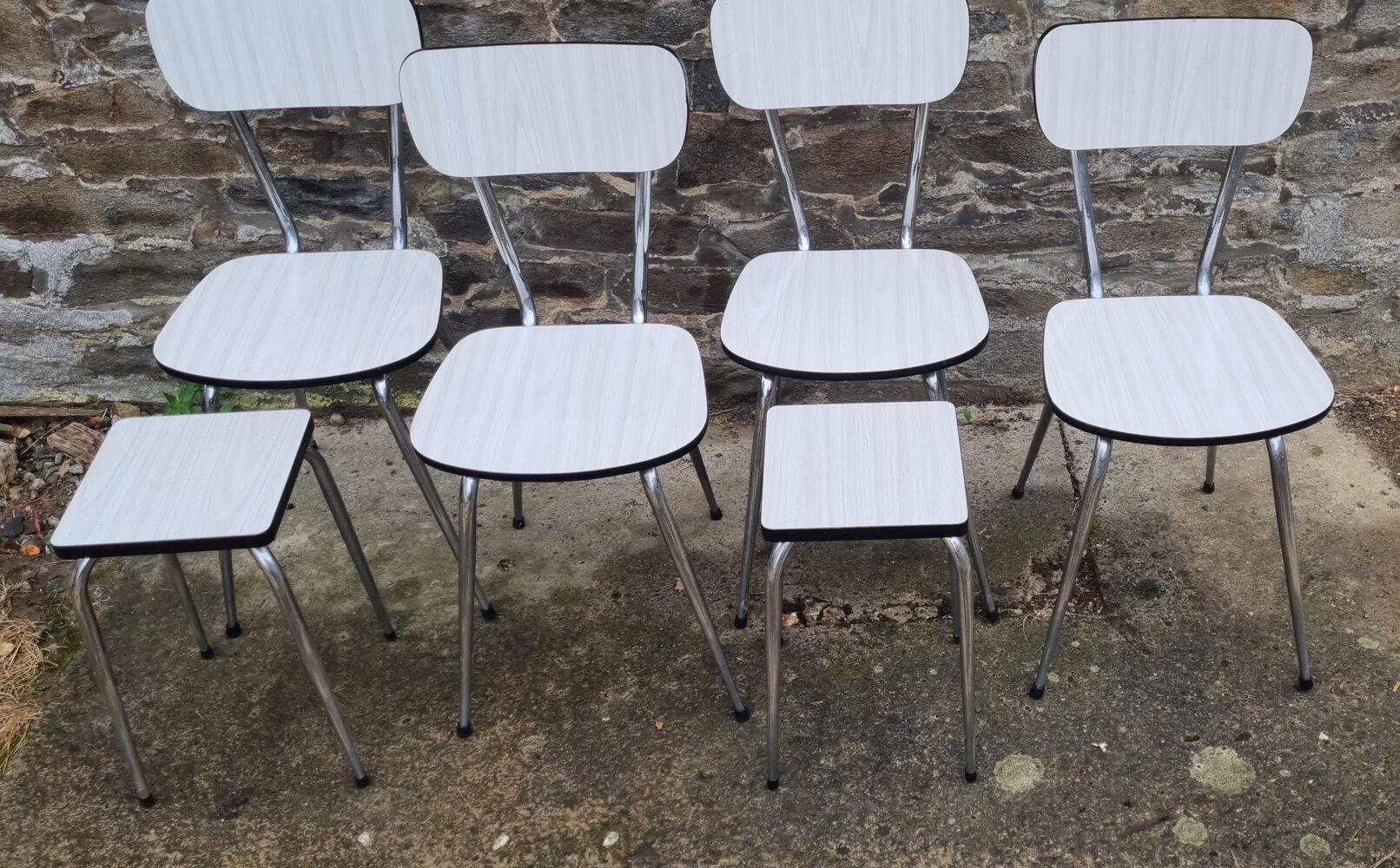 Set table chairs formica bicolor white and wood, feet eiffel, SIF, 70s, its 4 chairs
