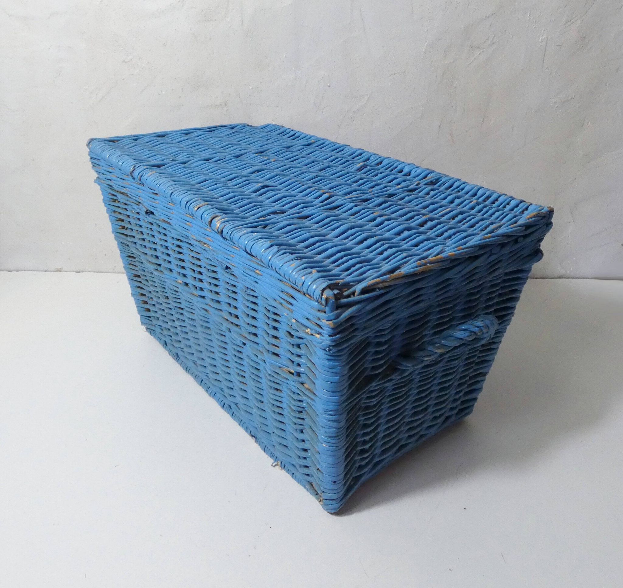 vintage blue rattan trunk chest