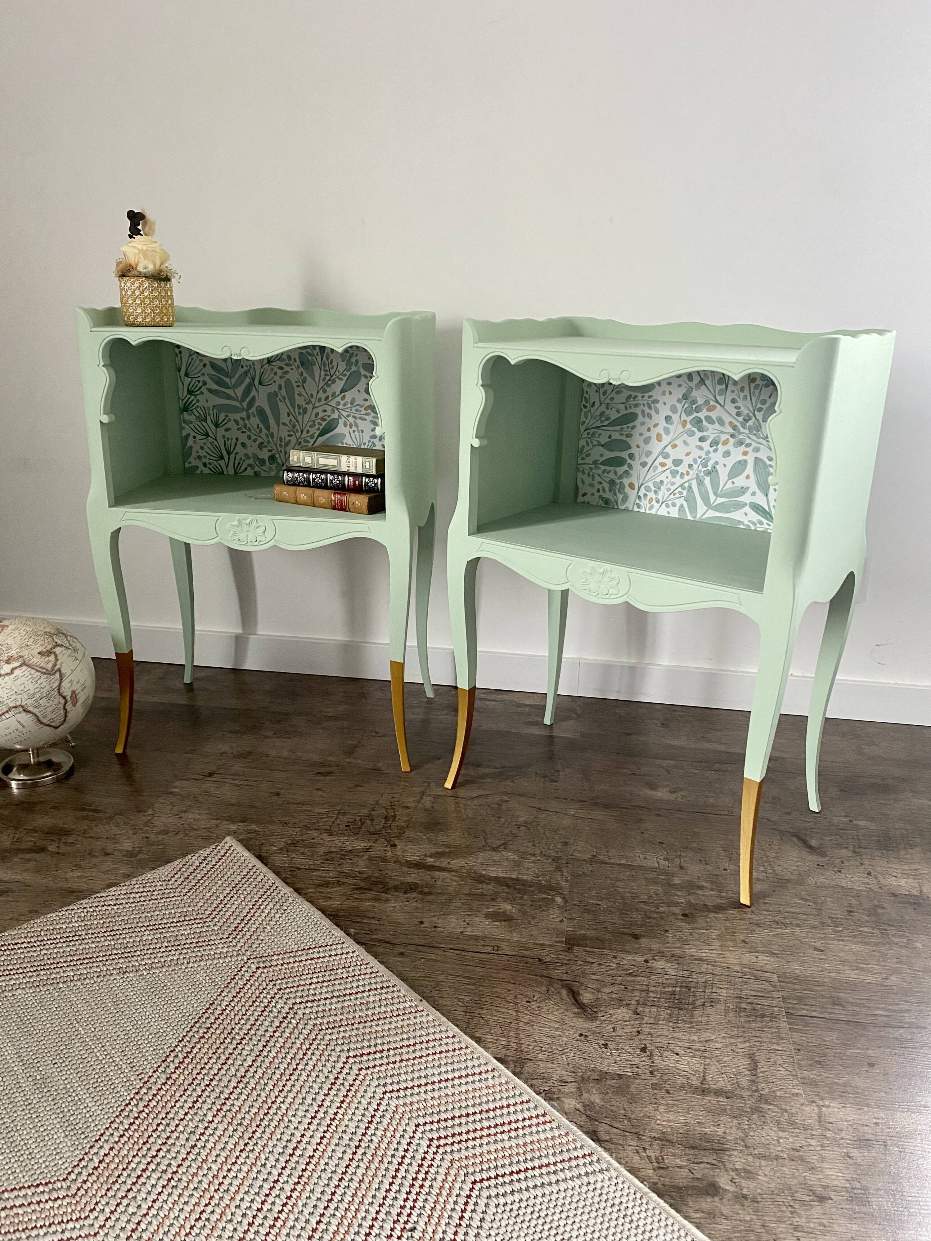 Pair of wooden bedside tables restyled green celadon