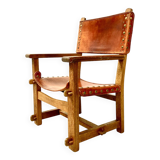 Antique French Handmade Brutalist Oak & Cognac Leather Castle Chair, 1920s.