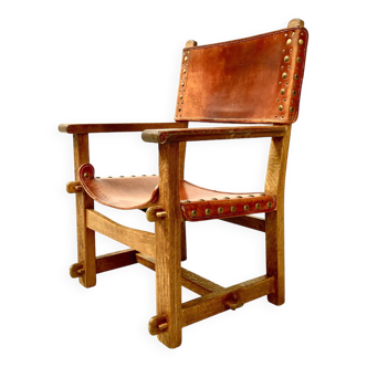 Antique French Handmade Brutalist Oak & Cognac Leather Castle Chair, 1920s.