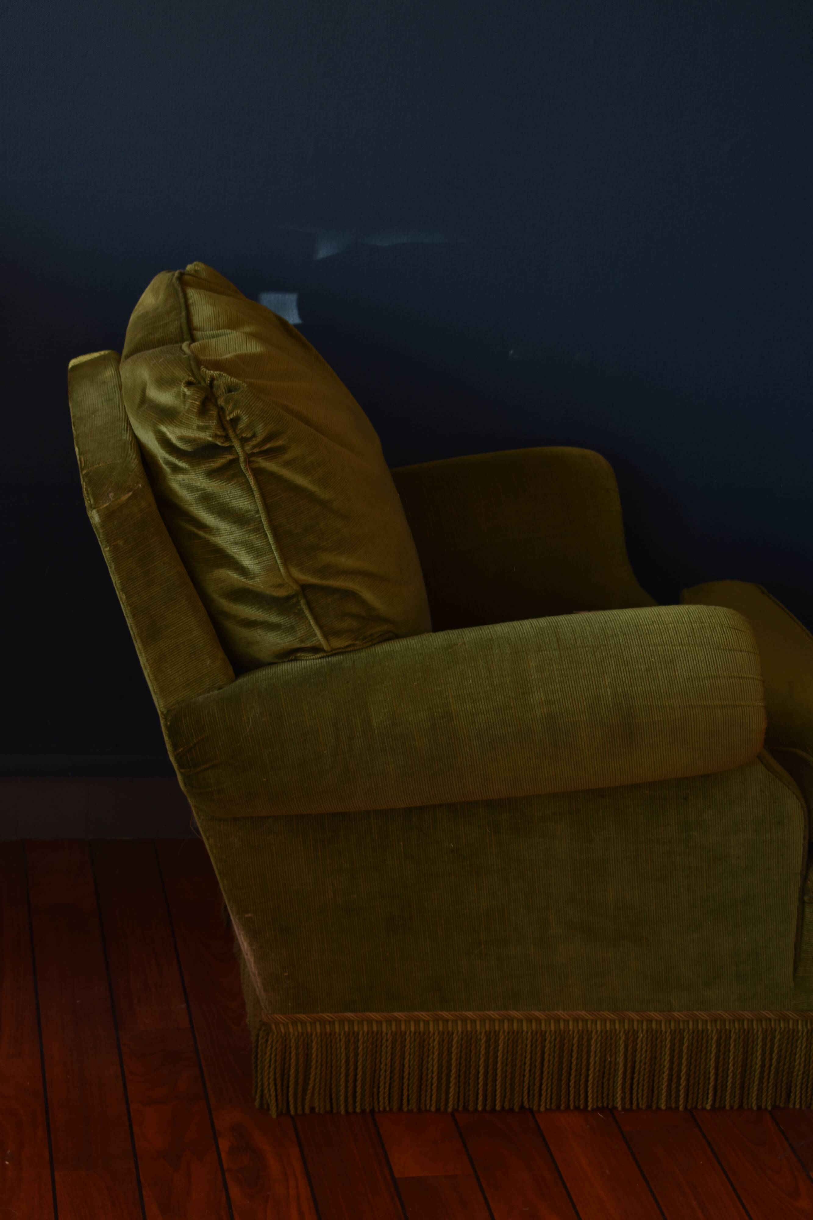 Vintage armchair green velvet fringes