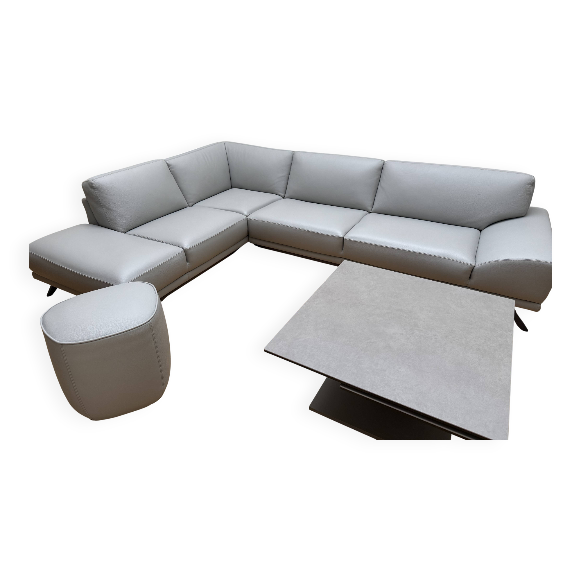 Roche bobois evidence corner sofa medium grey and 3 poufs