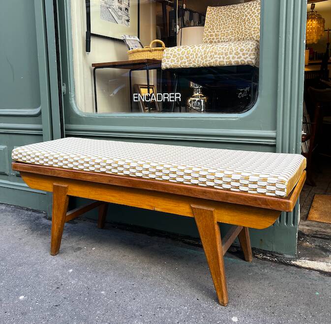Oak bench with custom cushion