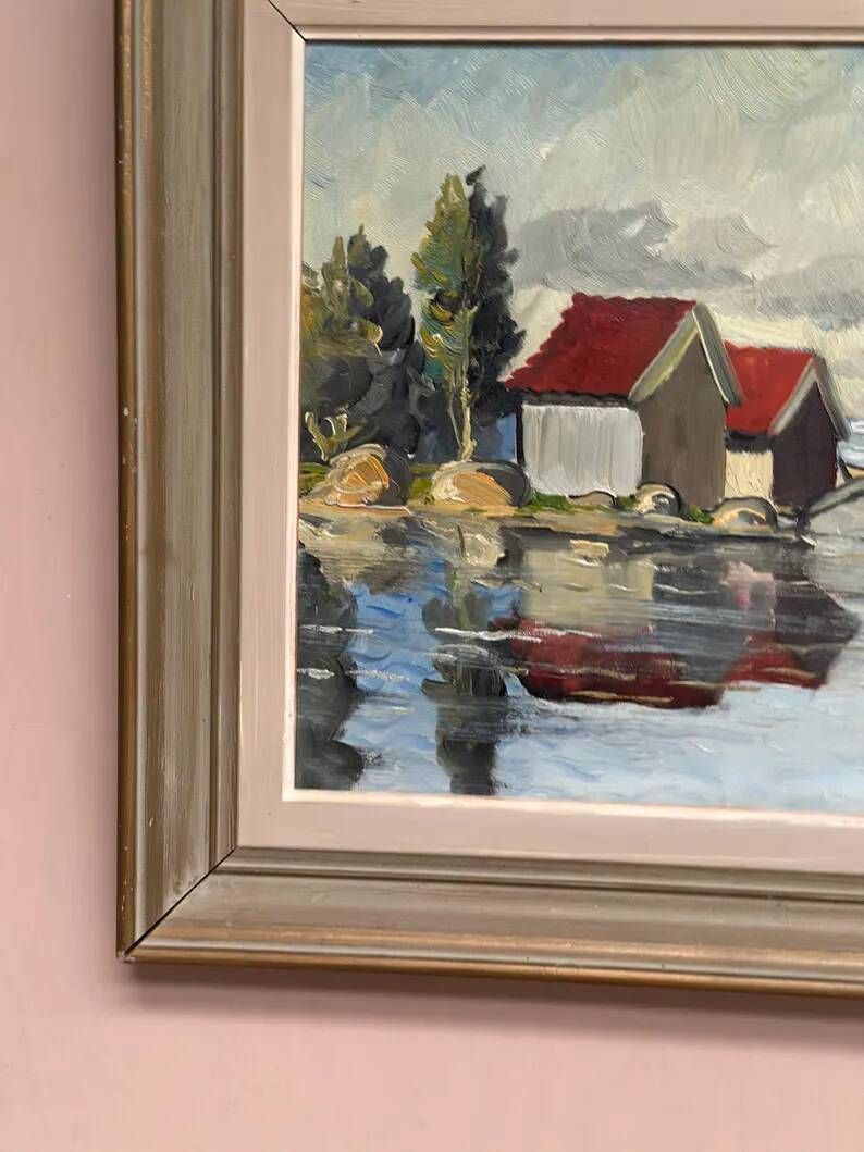 Original Swedish Oil on Canvas – "Houses and Trees", Unknown Artist – Signed, Vintage and Framed – 53.5 x 46 cm (21 x 18 inches)