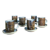 Set of 6 brown glazed stoneware coffee cups and espresso saucers
