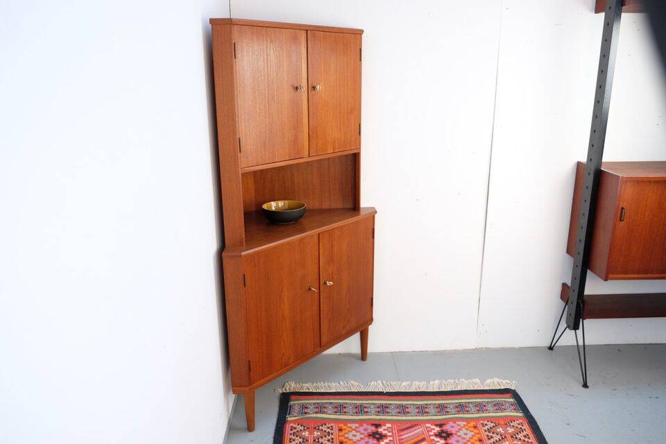 Vintage Danish teak corner cabinet, retro 1960s style.
