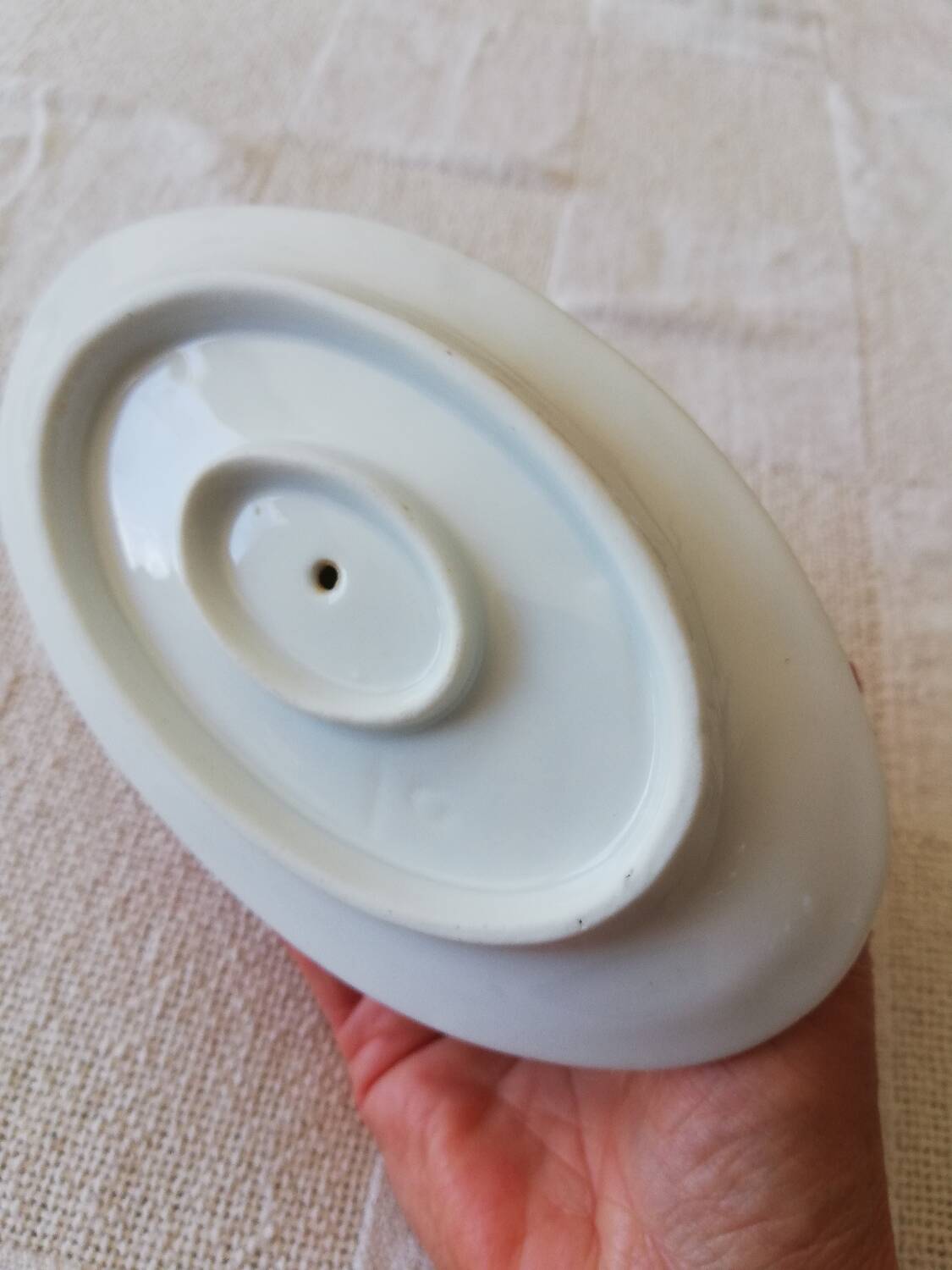 Vintage white earthenware mustard pot or sauce boat.