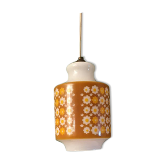 Opaline light with screen-printed flower decoration from the 70s