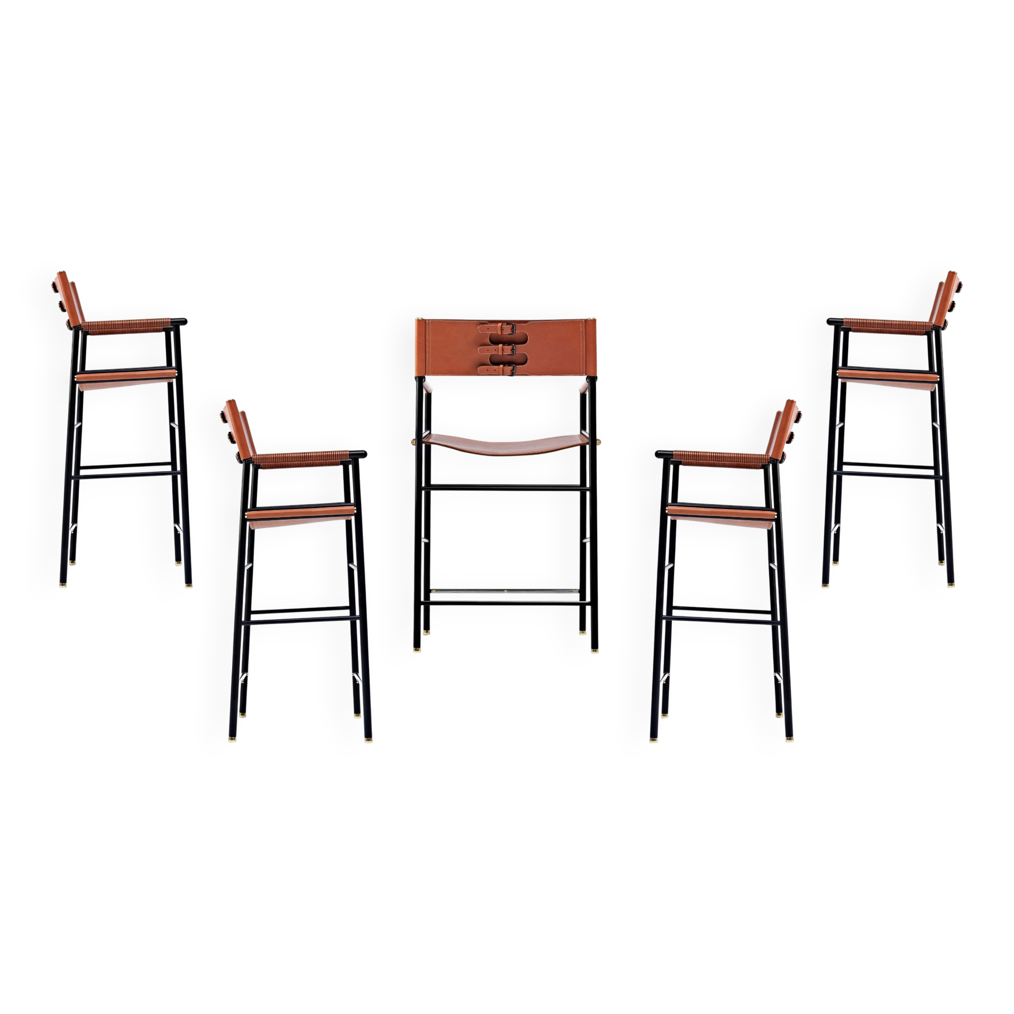 Set of 5 bar stools with backrest, made of natural leather in toasted colour.