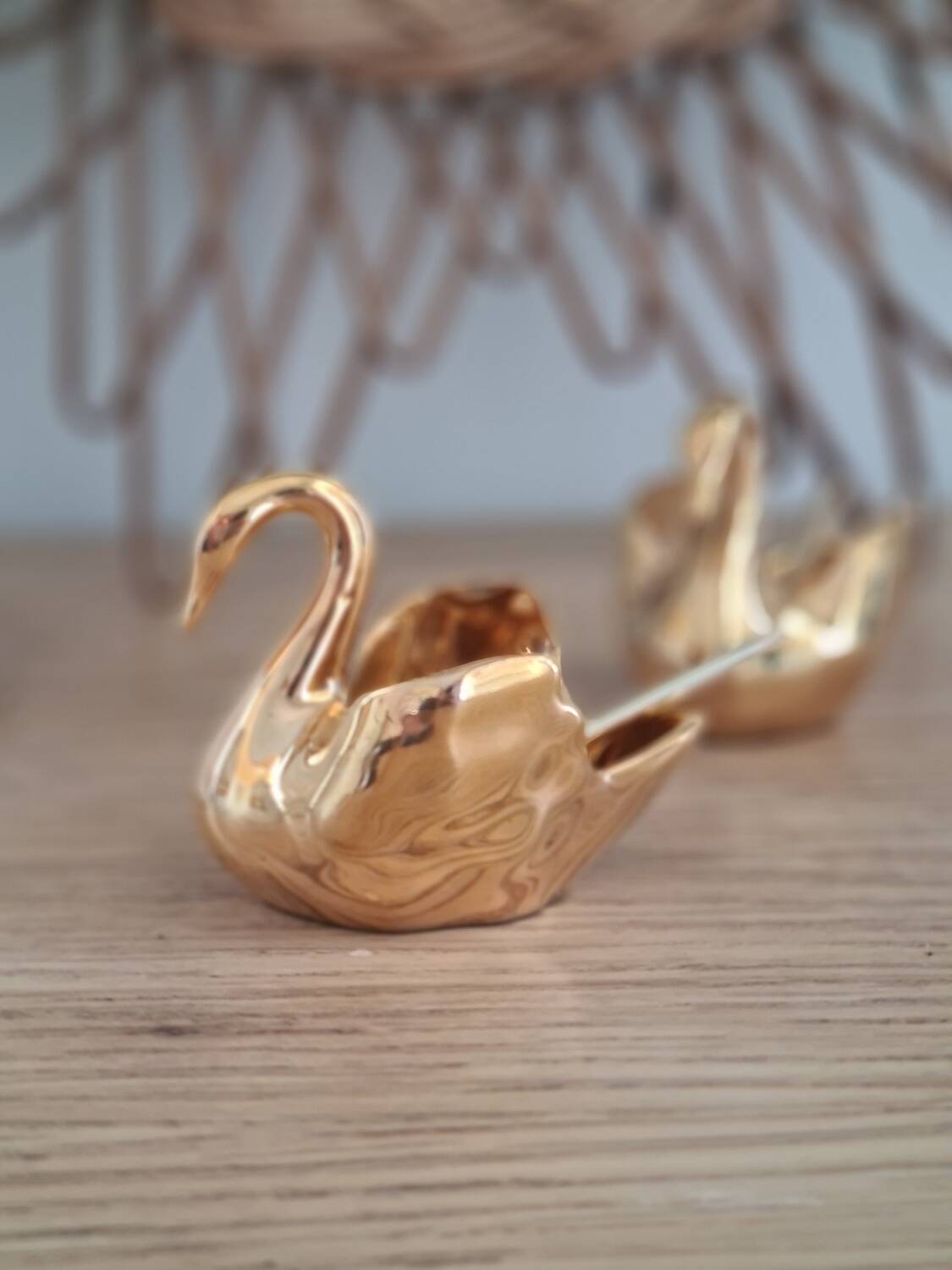 Duo of fine gold Limoges porcelain swan salt cellars
