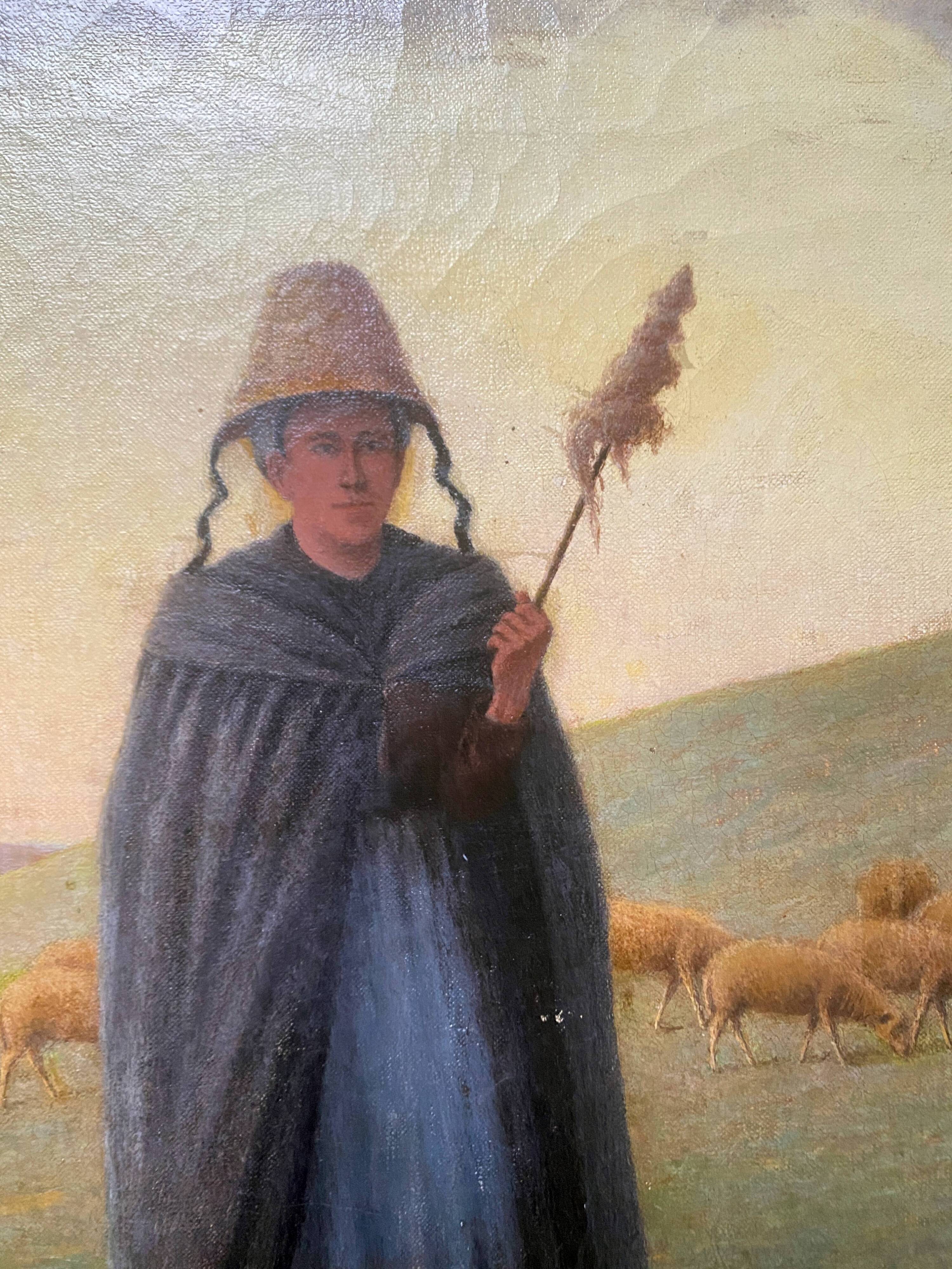 HST painting 19th century Shepherd with sheep and dog in mountain pasture signed A. Treviens