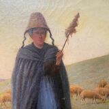 HST painting 19th century Shepherd with sheep and dog in mountain pasture signed A. Treviens