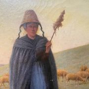 HST painting 19th century Shepherd with sheep and dog in mountain pasture signed A. Treviens