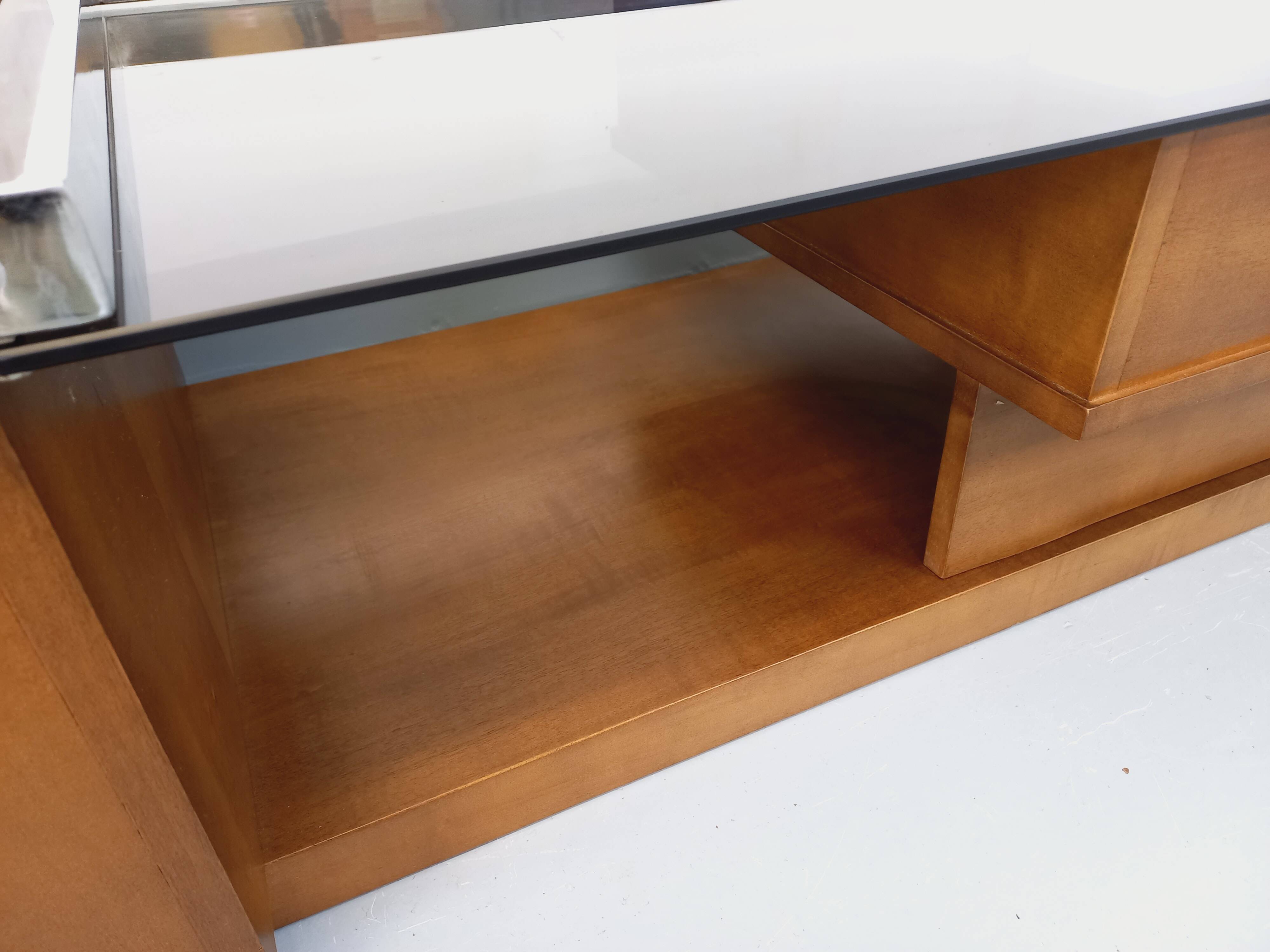 Rectangular vintage modernist coffee table with wooden niches, chrome.