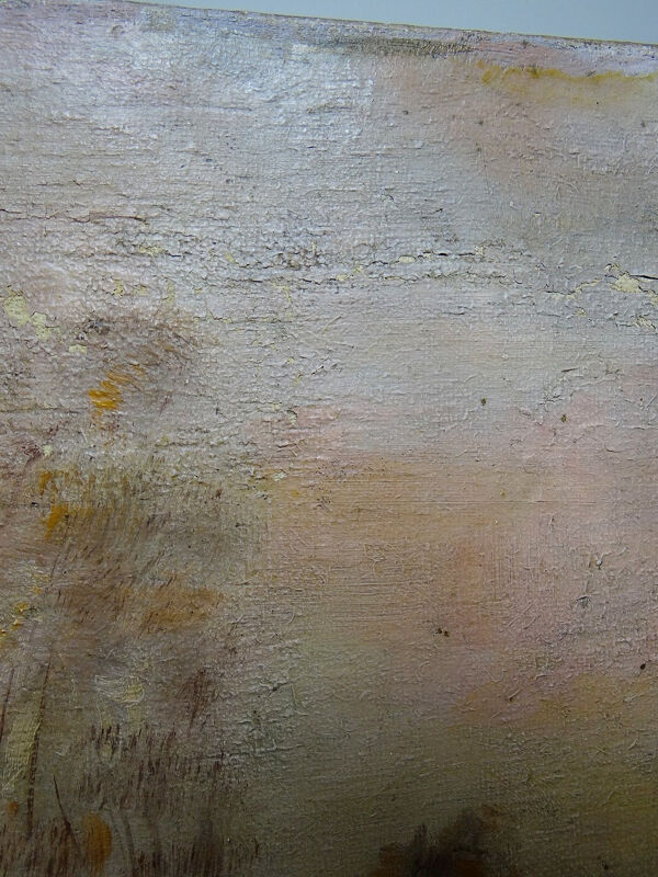 Grand tableau ferme sur étang ancien XIXe signature huile sur toile lin