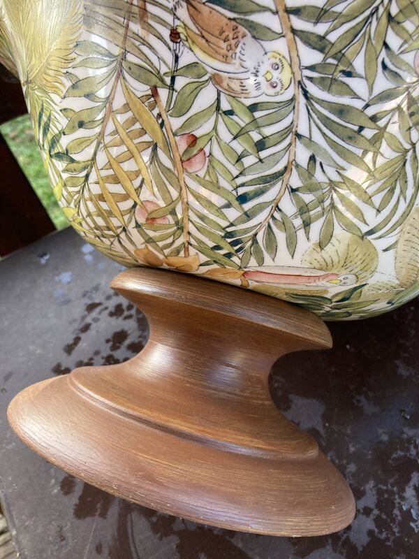 Rare coupe sur pied lancel en céramique et bois décor jungle made in italy
