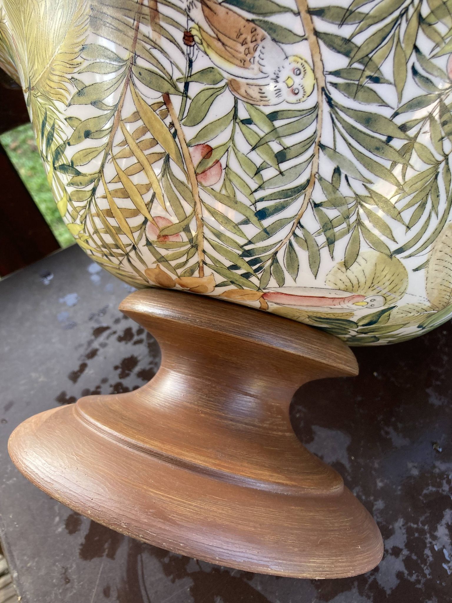 Rare lancel footed bowl in ceramic and wood with jungle decoration, made in italy