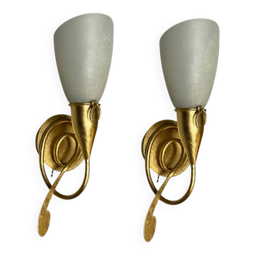 Gold Gilded Wall Sconces set of 2 with Murano Glass Shades
