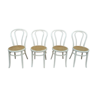 Lot de 4 anciennes chaises cannées bistrot en bois courbet 1950 blanches