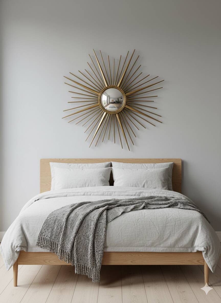 Golden metal witch's eye sun mirror from the 70s, 86cm.