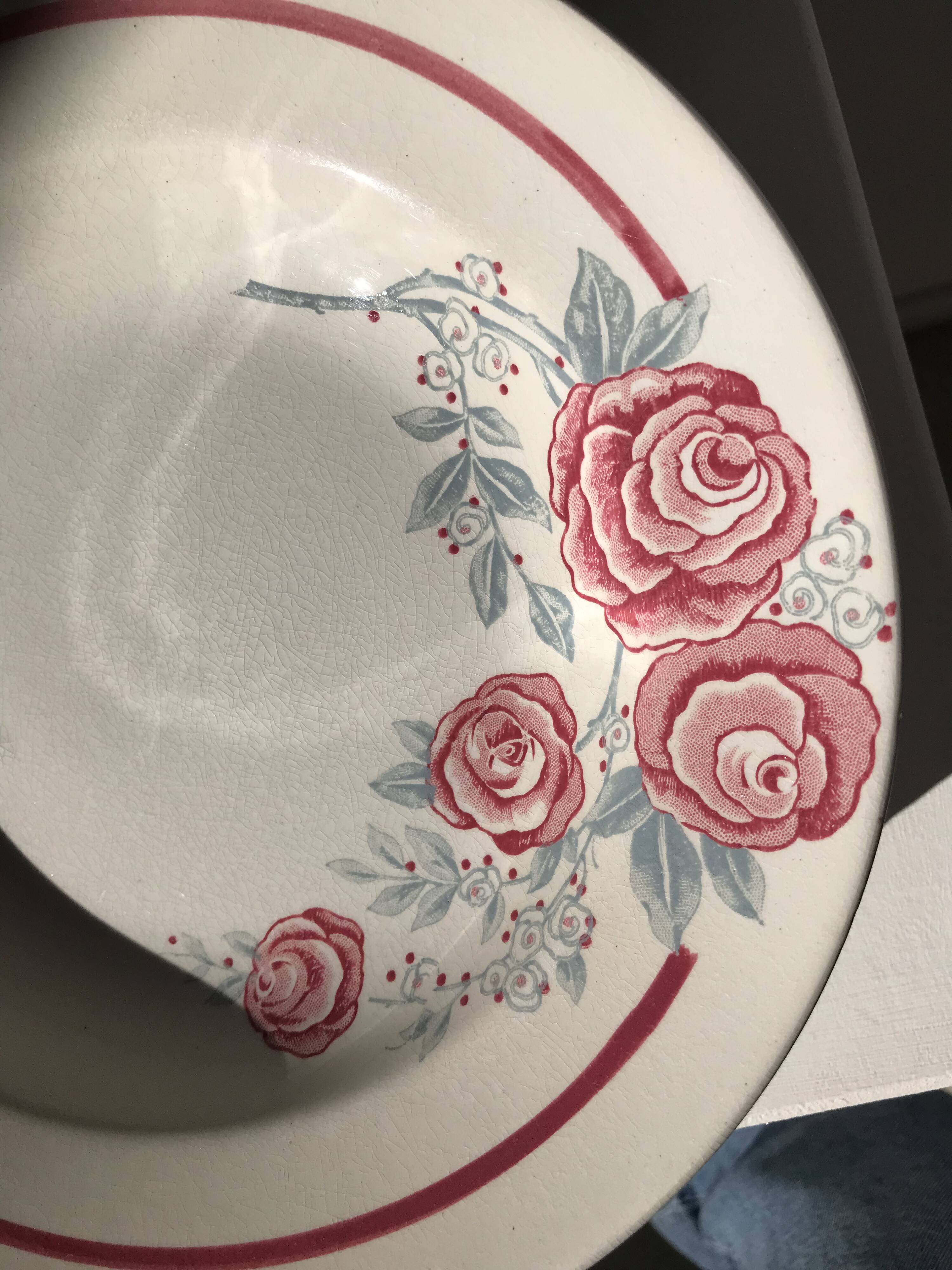 8 vintage Avranches earthenware plates decorated with roses
