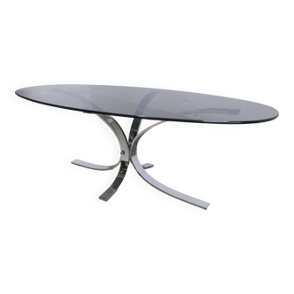 Oval coffee table 1970 chrome and smoked glass 105 x 45 cm
