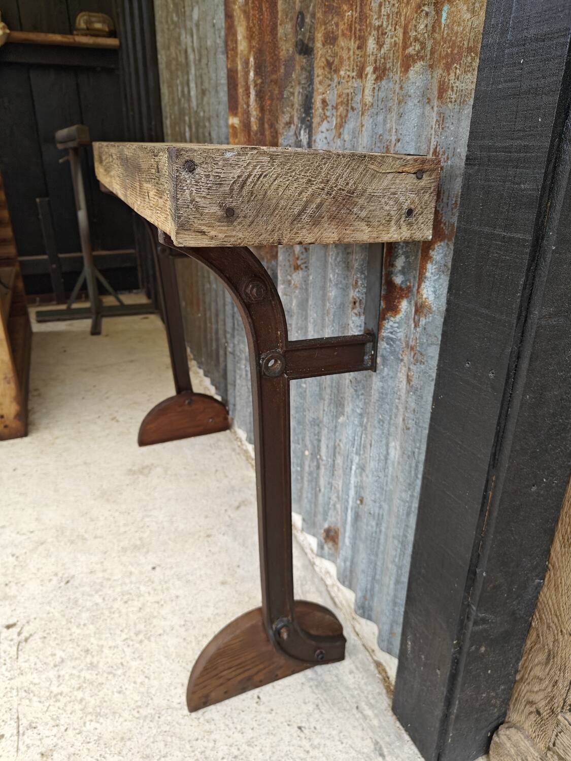 Wooden and cast iron workbench console