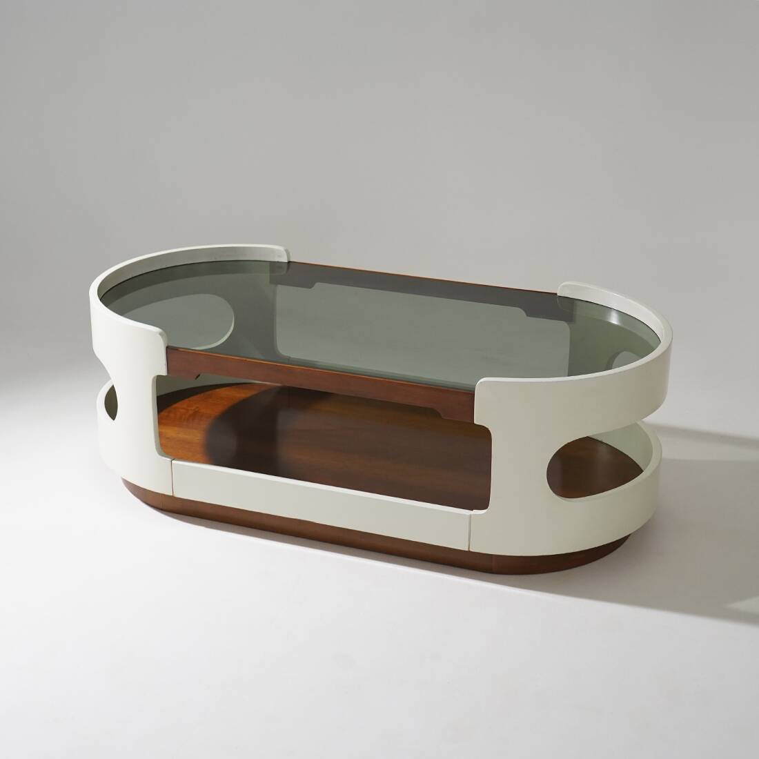 Table basse en bois et en verre de l'ère spatiale, années 1970