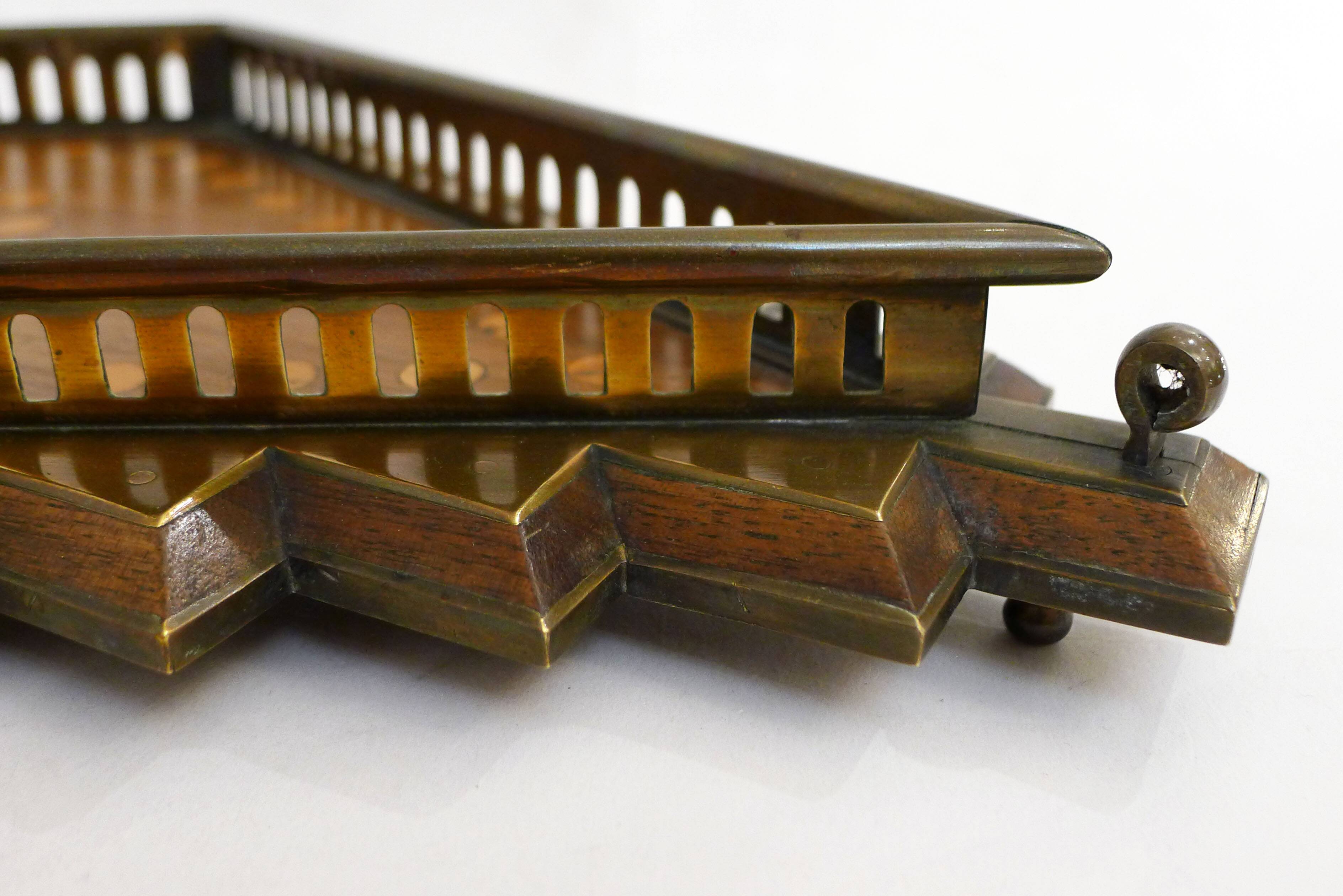 Diamond-shaped wood and brass tray