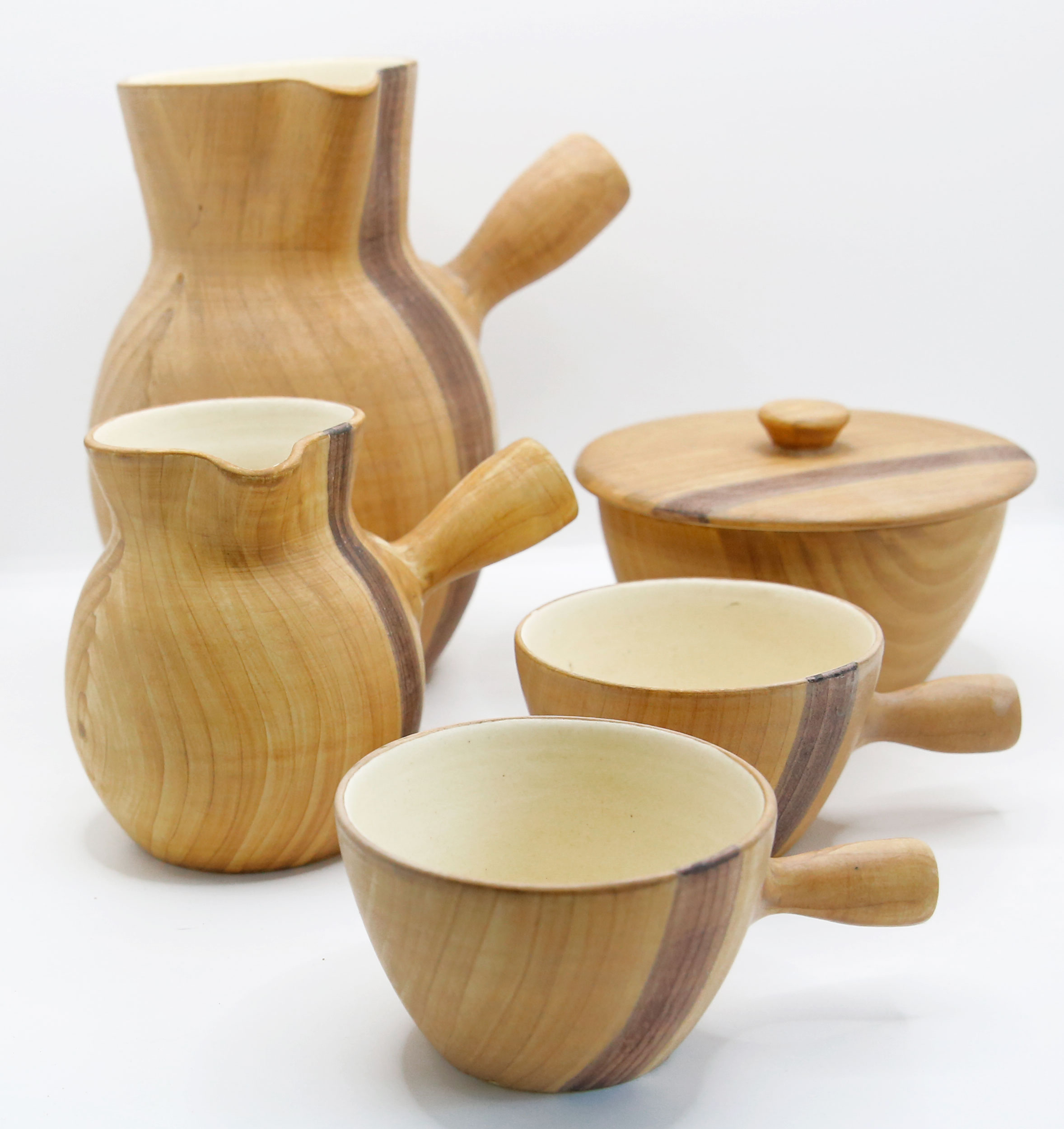Coffee service in earthenware imitation olive wood by Grandjean Jourdan in Vallauris