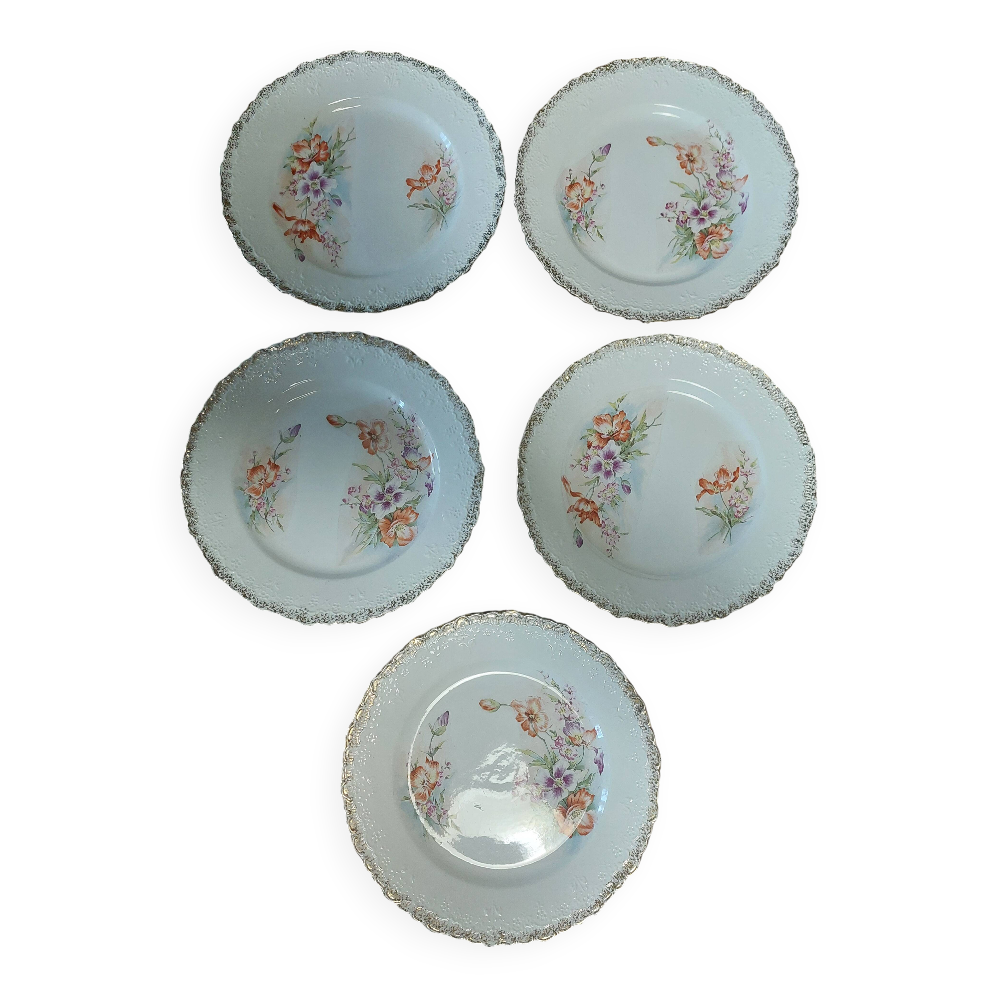 Dessert plates, set of five, Creil Montereau iron earth