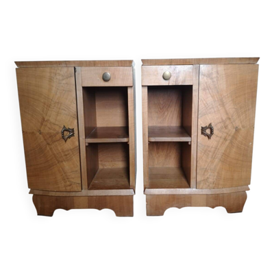 Paire de chevets années 40 en bois flammé, esprit Art Déco