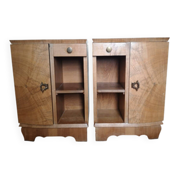 Paire de chevets années 40 en bois flammé, esprit Art Déco