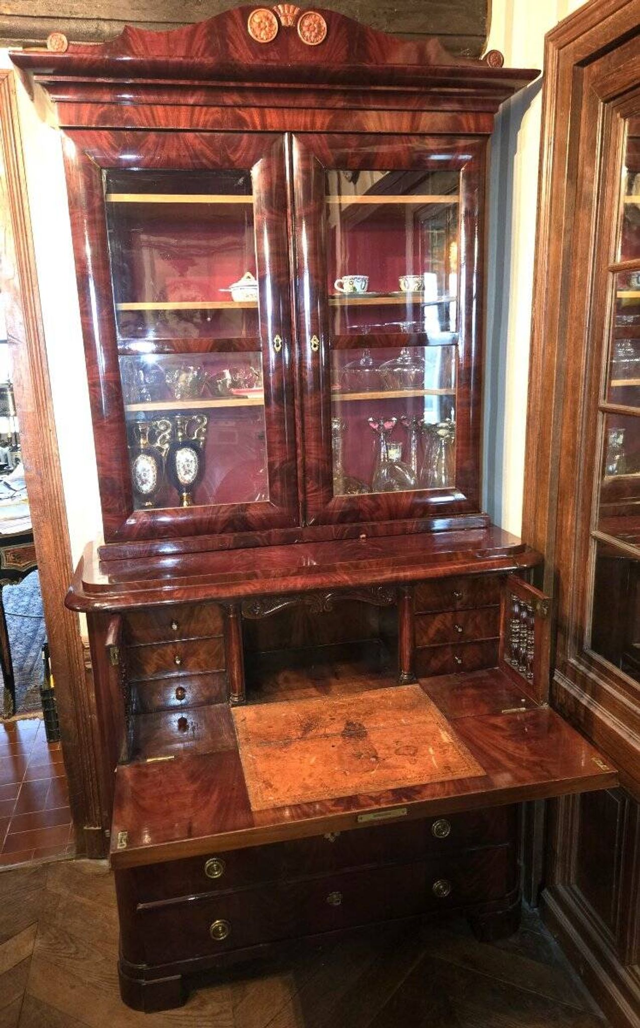 English mahogany library chest of drawers, in Empire or Restoration style.