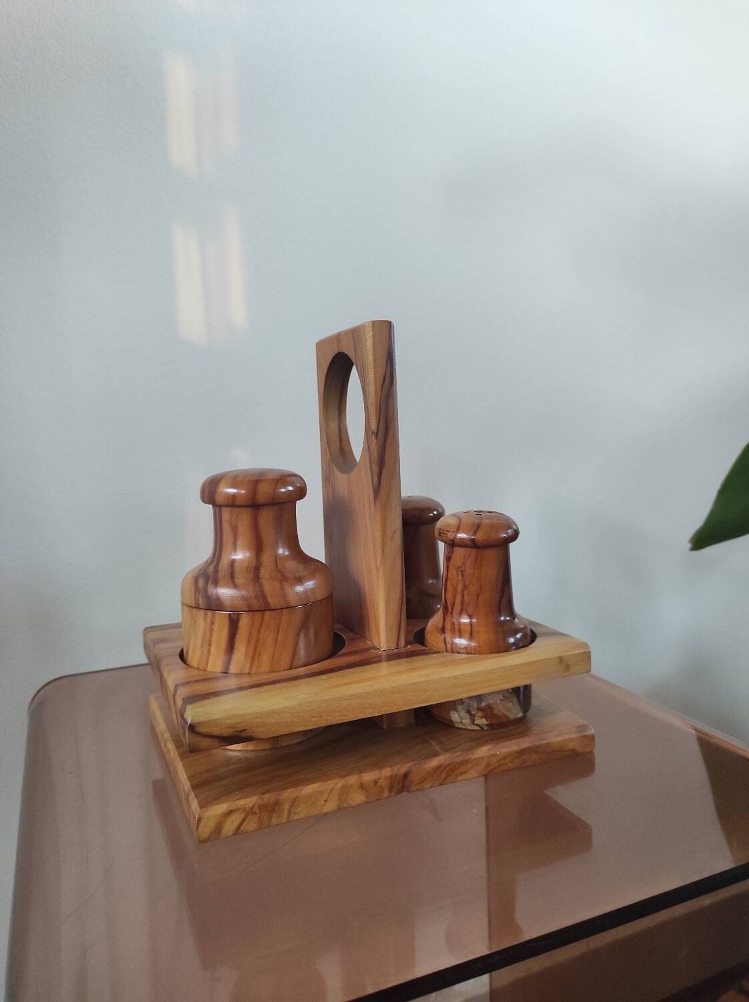 Vintage olive wood condiment service
