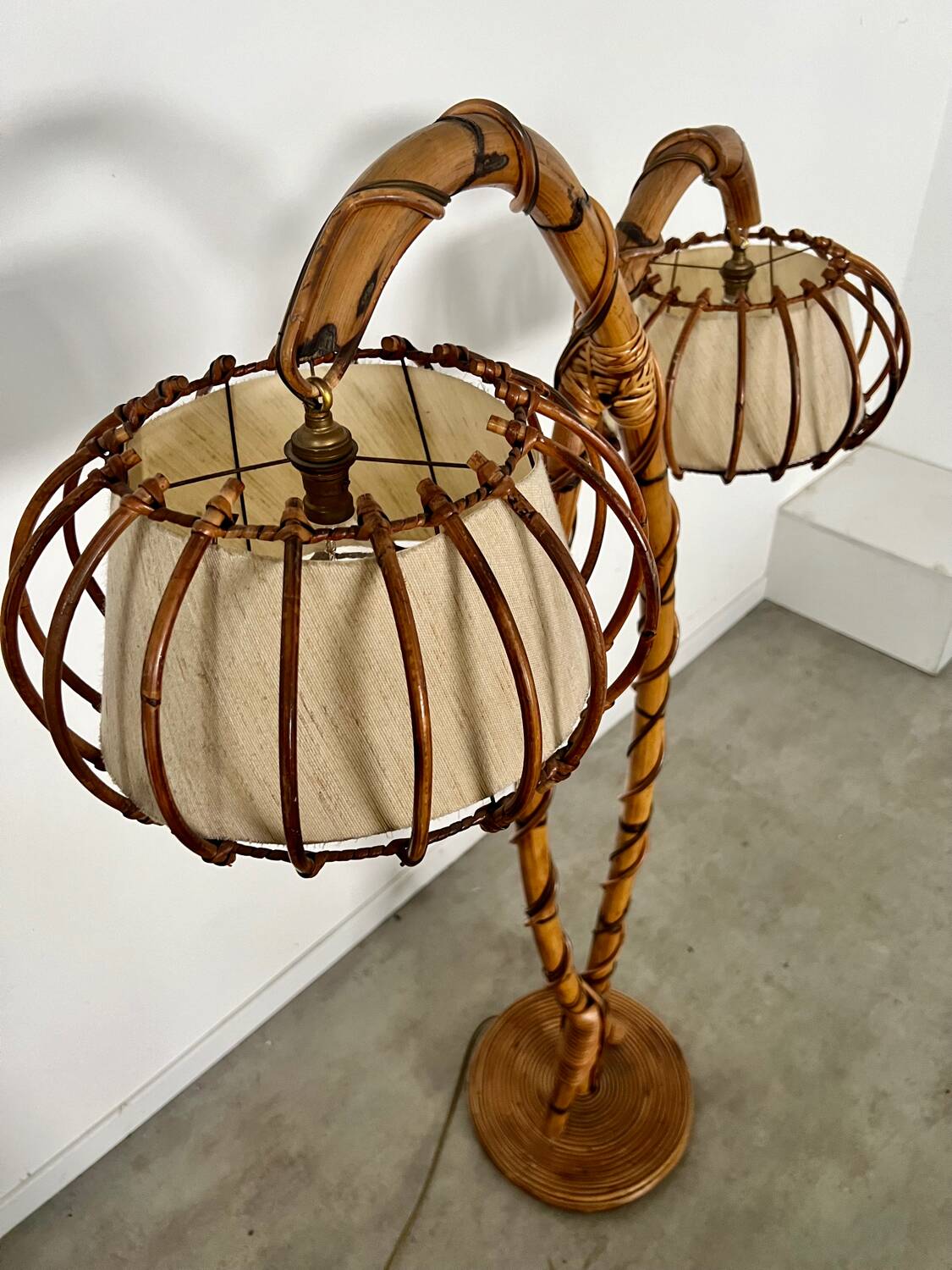 Old bamboo and rattan floor lamp design 60s Louis Sognot vintage lamp