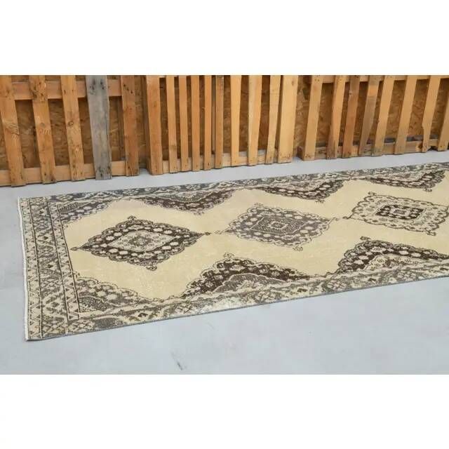 1970s Vintage Turkish Hand-Knotted Wool & Cotton Beige Rug 136x388