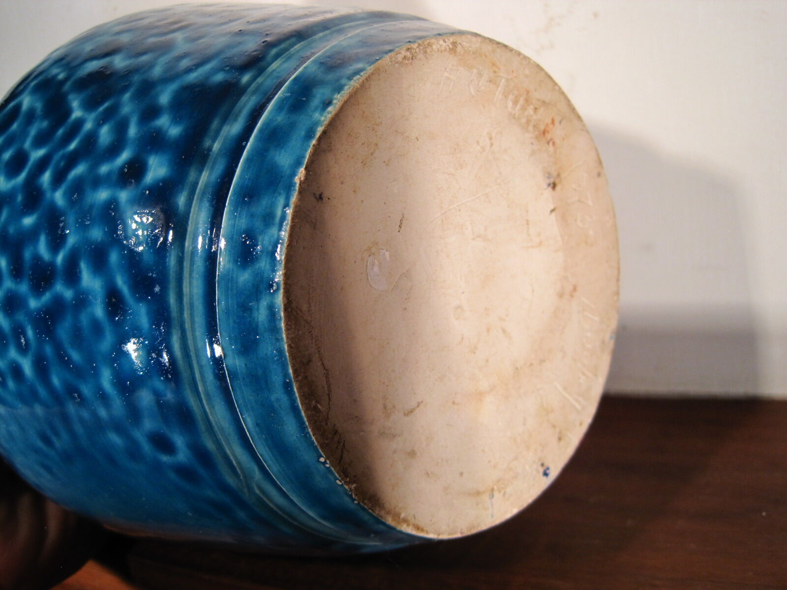 Vase signed blue modernist ceramic bottle bouhey 1973