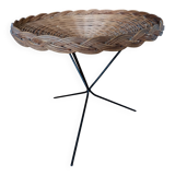 vintage wicker gueridon with a black metal tripod base from the 1960s
