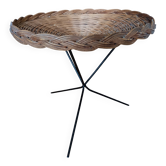 vintage wicker gueridon with a black metal tripod base from the 1960s