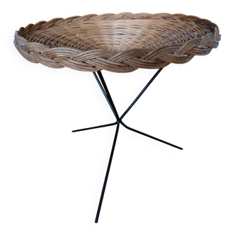 vintage wicker gueridon with a black metal tripod base from the 1960s